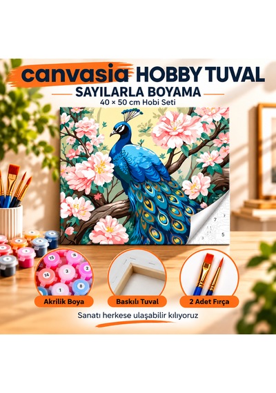 Sayılarla Boyama Numaralı Tuval Seti Boya Fırça Dahil 40x50 Cm Çiçekli Tavus