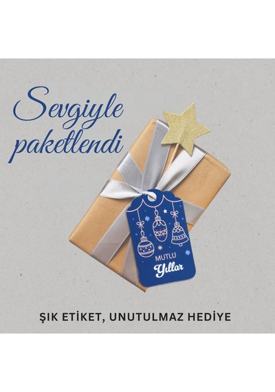 Yılbaşı Mutlu Yıllar Yazılı Hediye Etiketi, Delikli, Küre Desenli