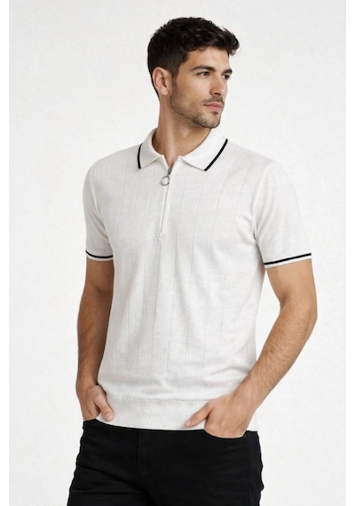 Erkek Triko Tişört Fermuarlı Polo Yaka Yazlık Kısa Kol T-shirt 2 Li Set Beyaz-siyah Çok Renkli
