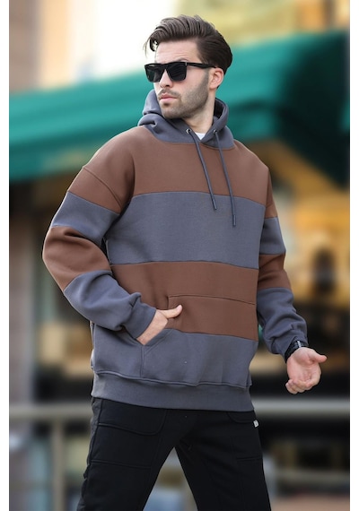 Madmext Füme Kapüşonlu Renk Bloklu Cep Detaylı Erkek Sweatshirt 7044 Füme