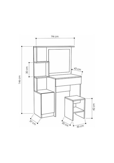 AE-4002 Novella Puflu Aynalı Makyaj Masası, Dolaplı, Çekmeceli, Raflı, Beyaz, Minderli, Tuvalet
