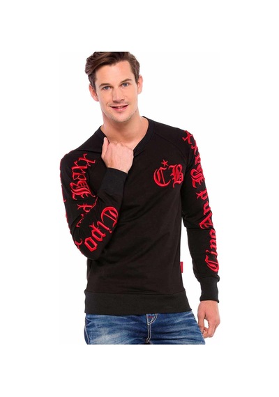 Cipo & Baxx CL370 Nakışlı Bisiklet Yaka Kalın Erkek Sweatshirt Siyah