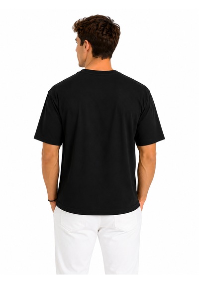 Vasto Moda Erkek Oversize Kalın Dokulu %100 Organik Pamuk Bisiklet Ribana Yakalı Siyah T-shirt