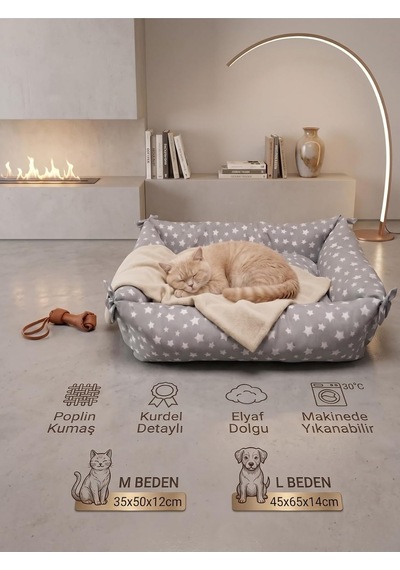 Lüx Kedi Köpek Yatağı, Yıldız Desenli, Gri, M Beden