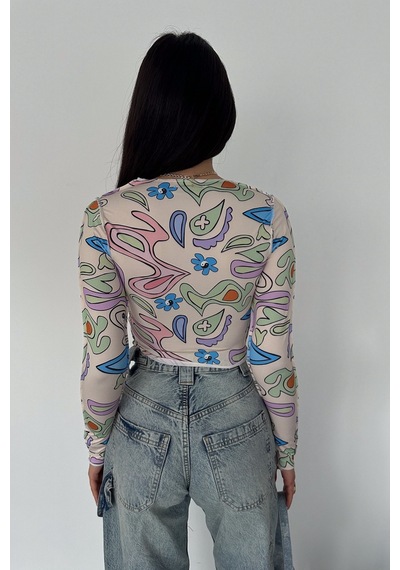 Femelle Kadın Desenli Crop Bluz Krem