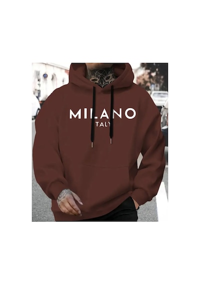 Herkesemoda Milano Yazı Detaylı İçi Polarlı Kapüşonlu Sweatshirt Kahverengi
