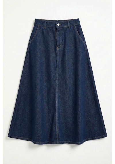 it's basic Kadın İndigo Renk 7w5-50 A Tipi Çan Kesim Maxi Boy %100 Koton Denim Etek