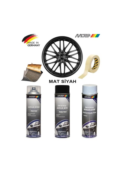Motip Mat Siyah Jant Boyama Rötuş Seti Akrilik Sprey Boya + Vernik + Astar 500 Ml