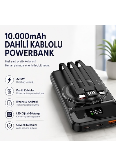 10.000mah Manyetik Dahili Kablolu Powerbank Hızlı Şarjlı Dijital Göstergeli Taşınabilir Şarj Cihazı-1683 BEYAZ