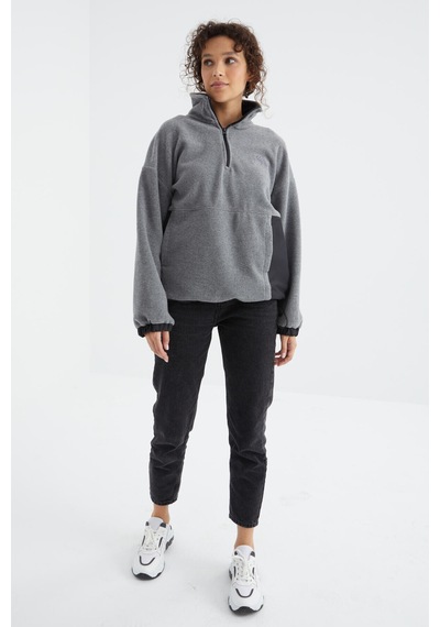 Tommy Life Gri Melanj Yarım Fermuar Etek Ucu Büzgülü Dik Yaka Oversize Kadın Polar Sweatshirt - 97236 Gri Melanj