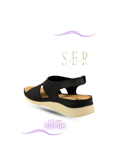 Sermoda Kadın Sandalet Kalın Ve Yumuşak Taban Rahat Cırtlı Kadın Sandalet Siyah