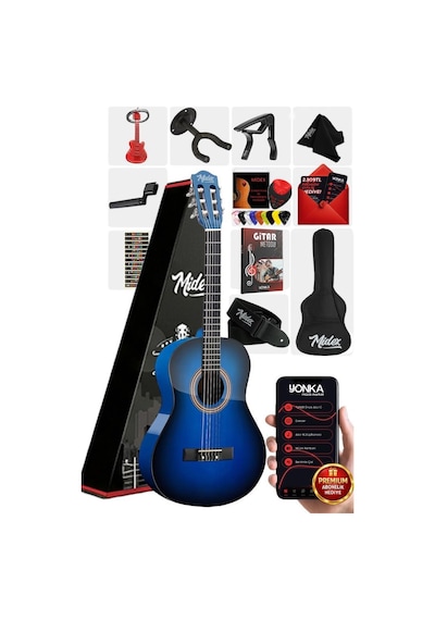 Midex Cg-36bl-pak Kaliteli 36 İnç 3/4 Juniur Çocuk Gitarı 8-12 Yaş Arası Tuner Çanta Capo Askı Nota Sticker Pena Metod