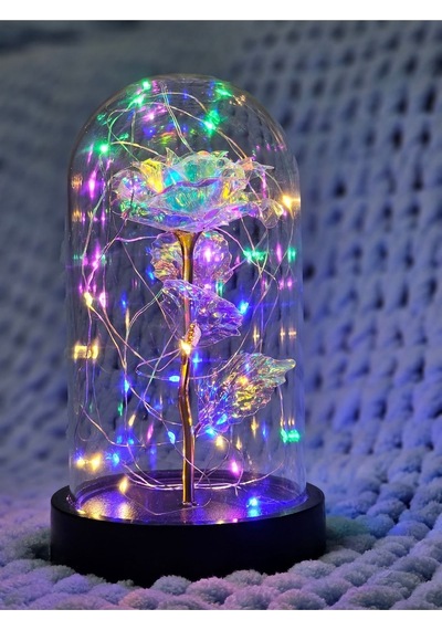Anneler Günü Dekoratif Rengarenk Peri Led Işıklı Solmayan Sonsuzluk Gülü Fanuslu Gece Lambası