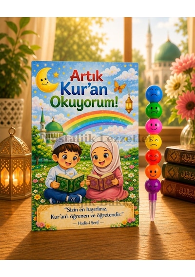 Kur'an Okuyorum Hediyesi 5 Set Kur'an Kursu-hatim Töreni Hatırası Emoji Kurşun Kalem Tebrik Kartı Hediyeli
