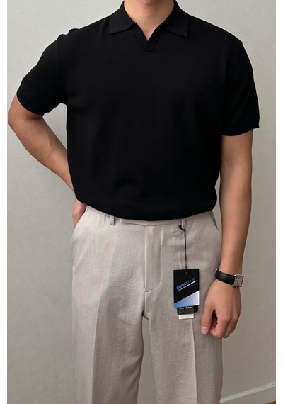 Tarz Cool Erkek Patlı Kısa Kollu Polo Yaka Triko T-shirt Siyah