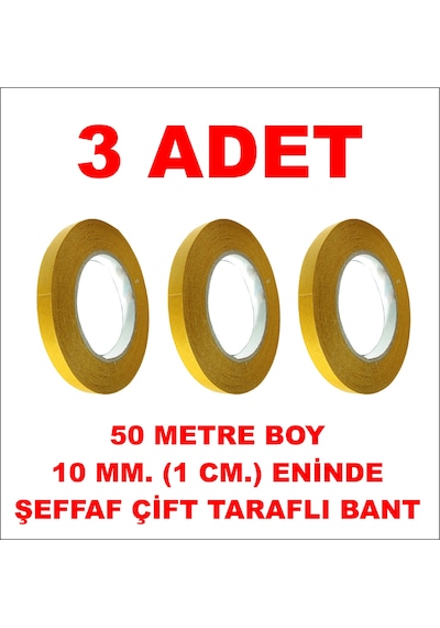 Çift Taraflı Şeffaf Bant 50 M. 10 Mm 3 Adet