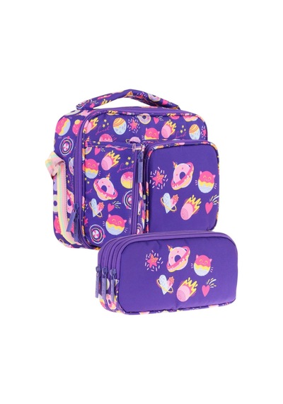 Kaukko Kids Kız Çocuk Mor Şekerlemeler Üç Bölmeli Thermo Beslenme Çantası Ve Kalemlik Seti L7216+l8216 Koyu Mor