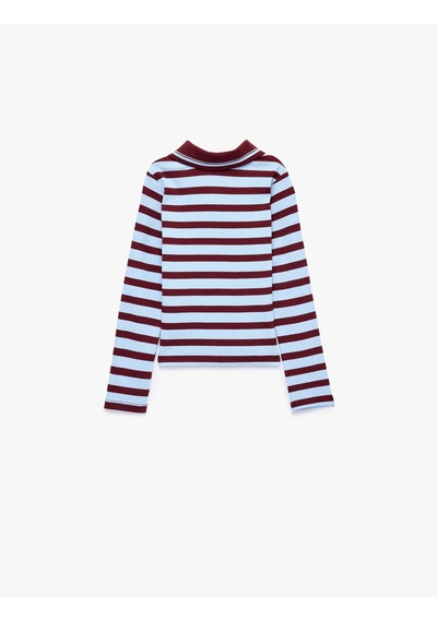 Koton Fermuarlı Uzun Kollu Pamuklu Polo Yaka Çizgili Tişört Bordo Çizgili 7wkg10499ak