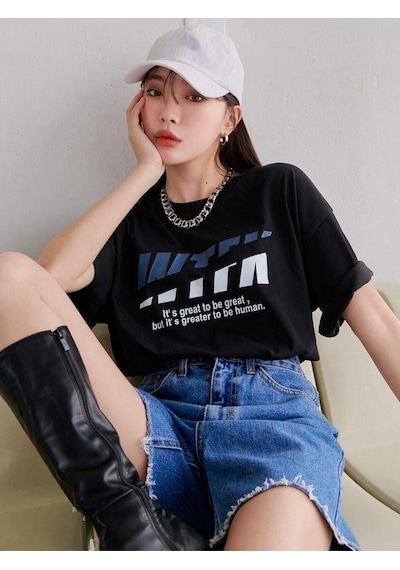 Wtfk T-shirt - Siyah Baskılı Oversize Bisiklet Yaka Kısa Kol Siyah