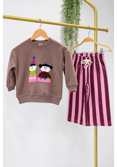 Monila Kız Çocuk Pamuklu Süzene Çocuk Nakışlı Kahverengi Sweatshirt Ve Pembe Çizgili Eşofman Alt Üst Takım