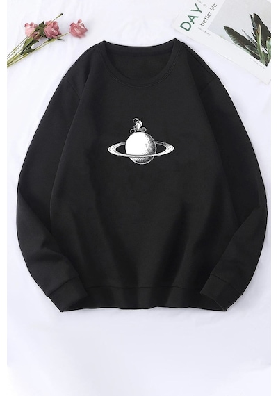 Unisex Astronaut Rides Baskılı Bisiklet Yaka Sweatshirt Siyah