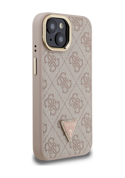 Apple iPhone 15 Uyumlu Kılıf Guess Lisanslı Pu Deri Taşlı Üçgen Logo 4g Desenli Kamera Standlı Kapak Pembe