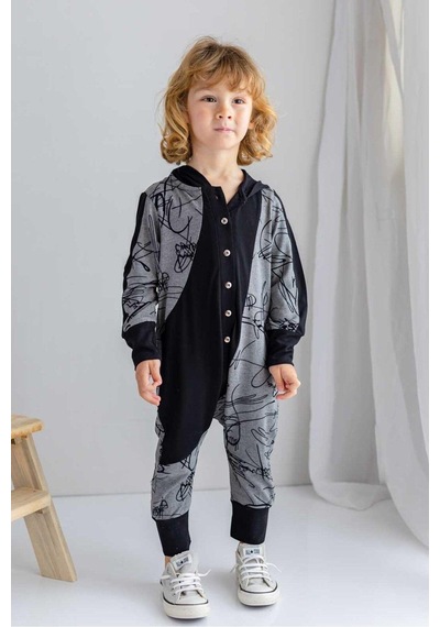 Oliven The Kid Oliventhekid Siyah Gri Ince Triko Geometrik Desenli Kapişonlu Önden Düğmeli Kışlık Unisex Çocuk Tulum Bej Bej