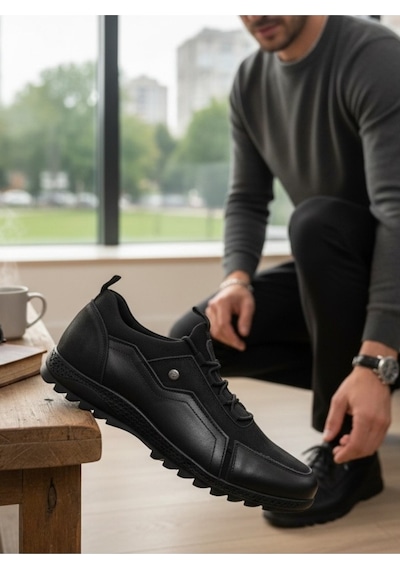Enoch Hakiki Deri Siyah Erkek Sneaker Ortopedik Taban Siyah