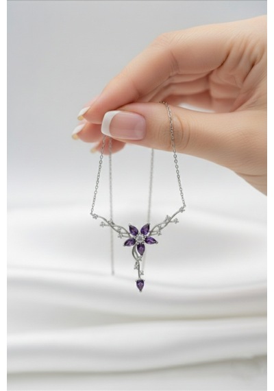 Çekirdekjewelry 925 Ayar Gümüş Mortaşli Taşlı Sarmaşık Kolye Rodyum
