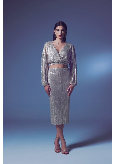 Sateen Payet Detaylı Kalem Etek - Bej-135400 Bej