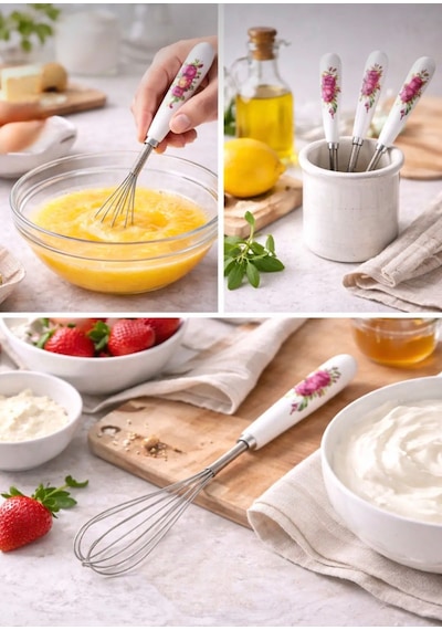 Porselen Saplı Metal Mini Çırpıcı 20 Cm El Çırpıcısı, Mutfak Karıştırma Teli Beyaz