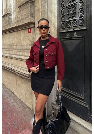 Loia Nido Moda Kadın Bordo Çift Cep Denim Crop Şık Ceket L26-bcdf-2554 Çok Renkli