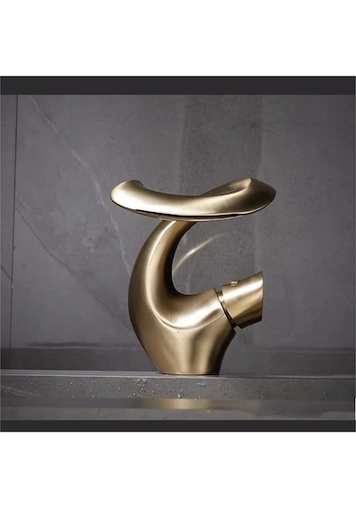 Lüks Gold Şelale Lavabo Bataryası Premium Tek Kollu Tezgah Üstü Musluk Otel Özel Tasarım Gold