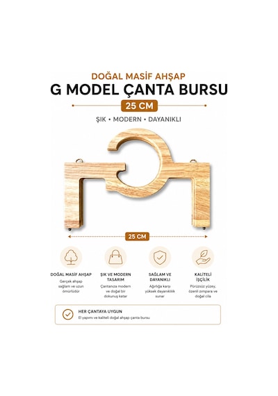 Vollen Yarn Doğal Masif Ahşap G Model Çanta Bursu 25 Cm El Yapımı Çanta Çerçevesi Çanta Aparatı Çanta Aksesuarı Krem