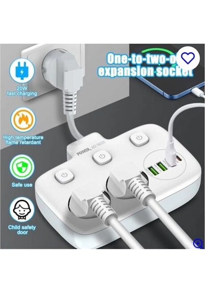 Nm-store Akım Korumalı 2 Li Ayrı Anahtarlı Priz, 2x Priz, 3x Usb, 1x Type-c, 2 Mt Kablo, Hızlı Şarj