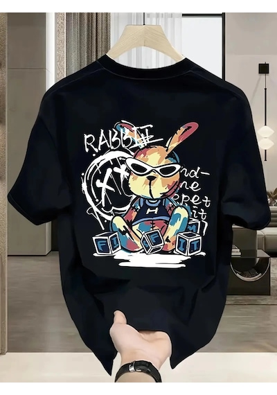 Barlashive Erkek T-shirt Tavşan Baskılı Kısa Kollu Tişört - Siyah Çok Renkli