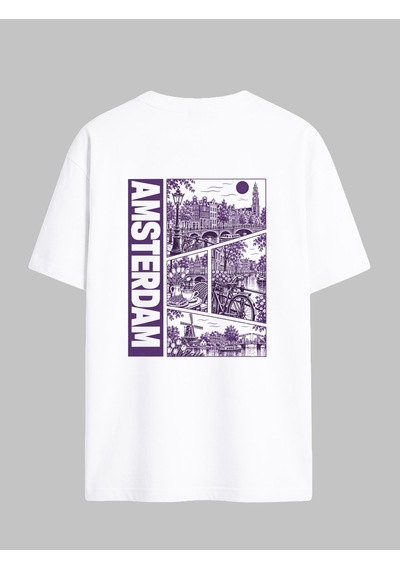Black Nova Oversize Baskılı Unisex Tişört Amsterdam Stamp Beyaz