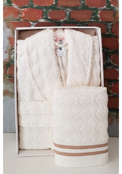 Krem Squares Şal Yaka Bornoz + Baş Havlusu Set- L Beden