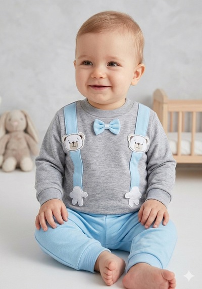 Gülerçocuk Yeni Sezon Ayıcık Nakışlı Erkek Bebek Selanik Kumaş Pantolonlu Şık Takım Mavi