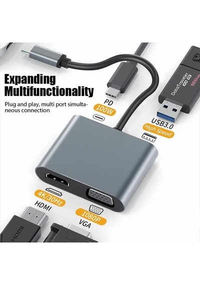 Kyrotech 4in1 Usb C Hdmı Vga Adaptörü, Usb C Hub, 4k Hdmı, 1080p Vga, Usb 3.0, Usb C Pd Şarj, Macbook Pro/air/ipad Pro 2018 / Dell Xps/samsung Uyumlu