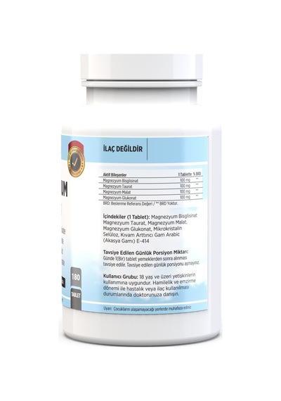 180 Tablet Magnezyum Bisglisinat Malat Taurat Glukonat Magnesium Elementleri 400 Mg