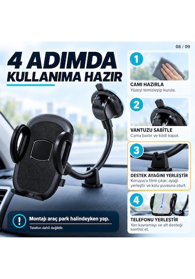 Dexxony Hp-a03 Vantuzlu Araç İçi Telefon Tutucu 20 Cm Bükülebilir Kol Cam Ve Torpido Destek Ayaklı Centilmen Siyah