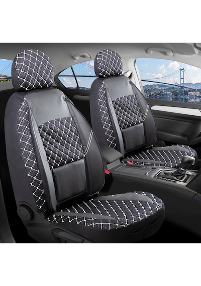 Renault Clio 4 Uyumlu Yarı Deri Oto Koltuk Kılıfı Ön Arka Takım Alpine Siyah Beyaz