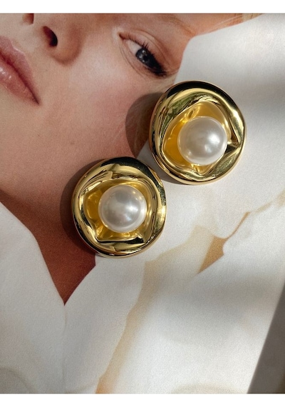 Pinery Jewels Top İncili Yuvarlak Paslanmaz Çelik Kadın Küpe Çifti Altın