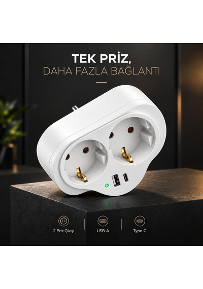 Golyat 2'li Priz, Usb Ve Type-c Girişli, Topraklı, İkili Priz Çoklayıcı, 16a 250v, 2p+2e, Çift Çıkışlı, Elek
