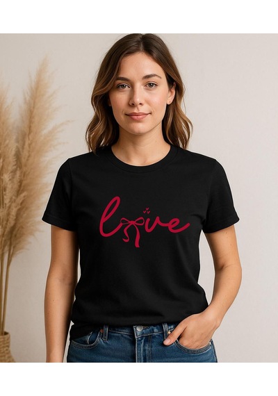 Aselinda Love Baskılı Kısa Kollu Bisiket Yaka Pamuklu Tişört Siyah