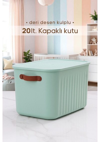 Kulplu Mint Yeşili Dolap Düzenleyici 20 Lt Kapaklı Saklama Kutusu Sepet Oyuncak Kutusu Organizer