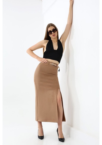 Winmoda34 Kadın Uzun Kemerli 92cm Maxi Boy Yırtmaçlı Süet Etek Bej