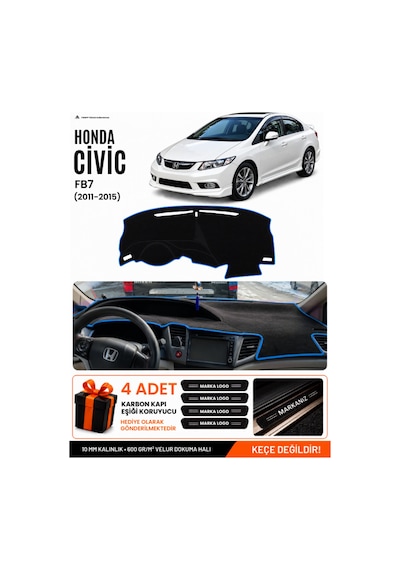Honda Cıvıc Fb7 2011-2015 Uyumlu Torpido Örtüsü, Torpido Kılıfı - Siyah-mavi - Ho011