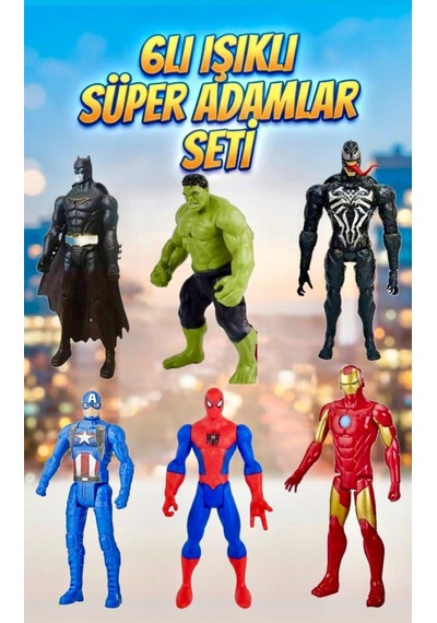 Avengers 6'lı Işıklı Kahramanlar Batman Hulk Venom Kaptan Amerika Örümcek Adam Demir Adam Figür Seti